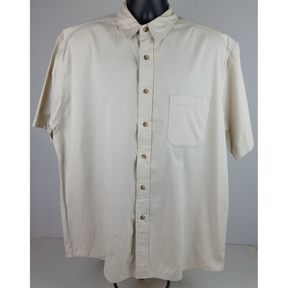 Eddie Bauer Mens L Beige Off White Button Up Collar Short Sleeve Dress Shirt
